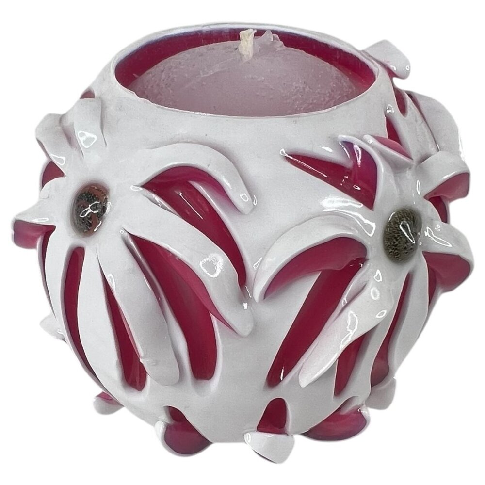 Handcrafted White & Pink Ribbon Candle Sculpted Floral Design Round 3.5” Tall